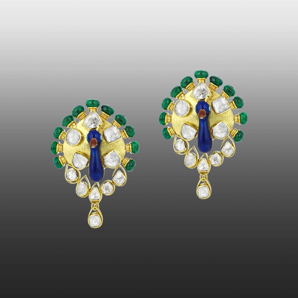 Peacock Polki Earrings with Blue Enamel and Emerald Beads
